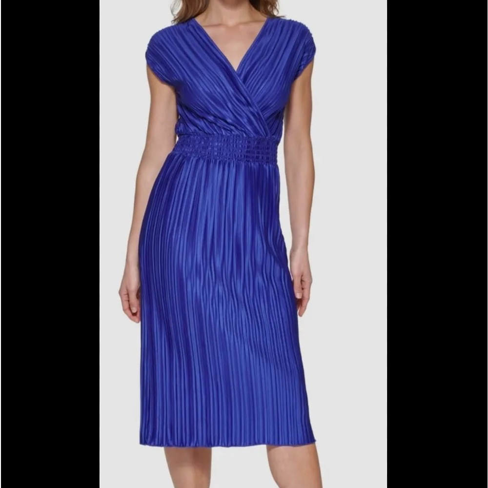 Dkny Blue V-Neck Pleated Smocked-Waist Dress